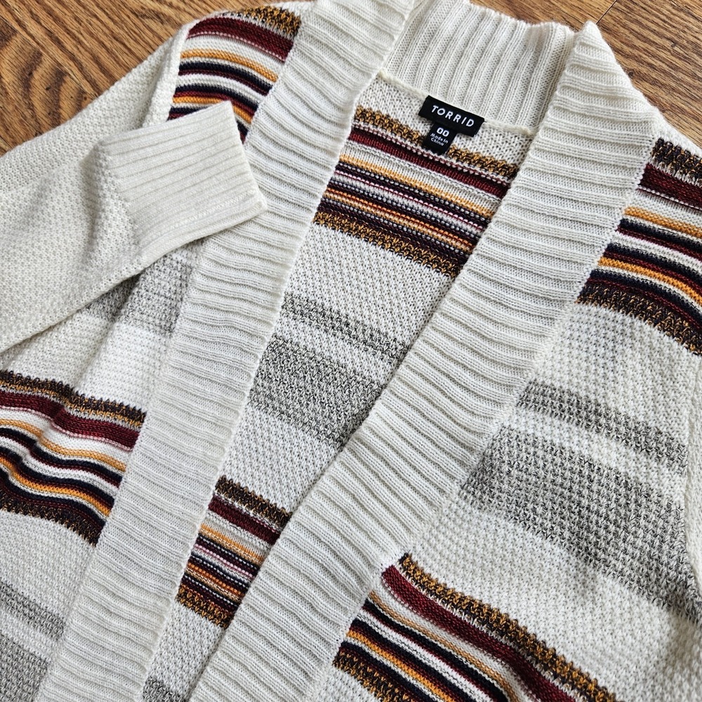 Torrid 00 Long Knit Stripe Cardigan Fall Red Orange White Open Front Ribbed Med